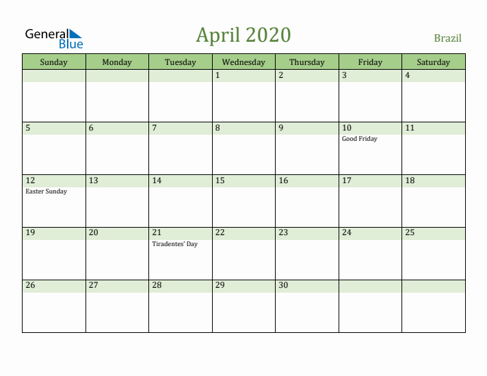 April 2020 Calendar with Brazil Holidays