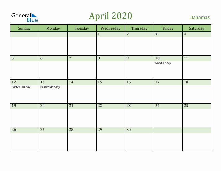 April 2020 Calendar with Bahamas Holidays