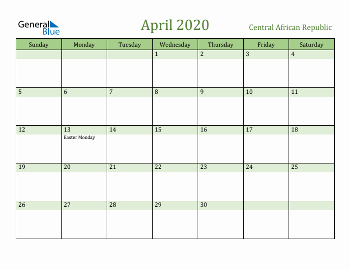 April 2020 Calendar with Central African Republic Holidays