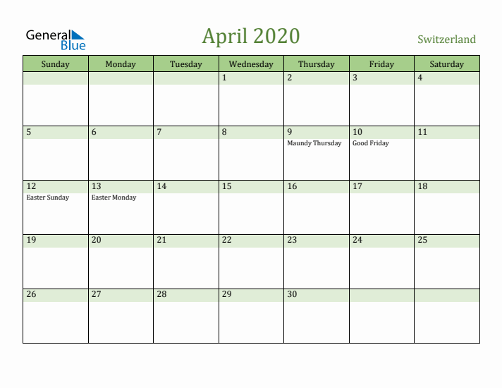 April 2020 Calendar with Switzerland Holidays