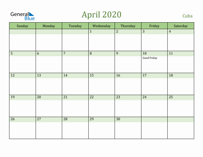 April 2020 Calendar with Cuba Holidays