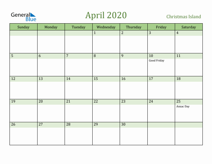 April 2020 Calendar with Christmas Island Holidays