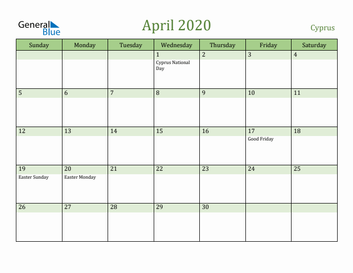 April 2020 Calendar with Cyprus Holidays