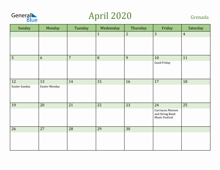 April 2020 Calendar with Grenada Holidays