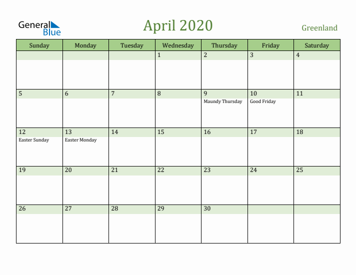 April 2020 Calendar with Greenland Holidays