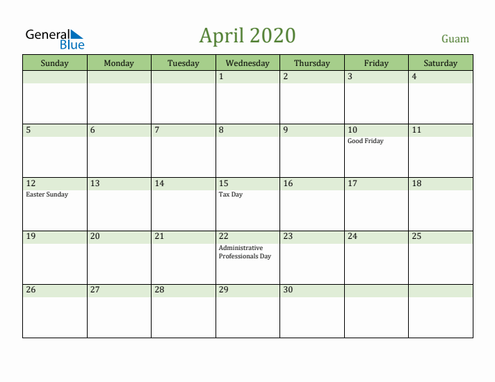 April 2020 Calendar with Guam Holidays