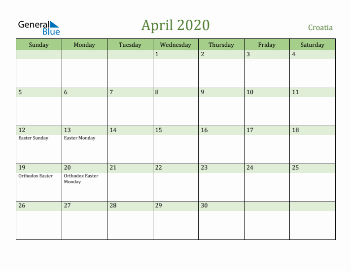 April 2020 Calendar with Croatia Holidays