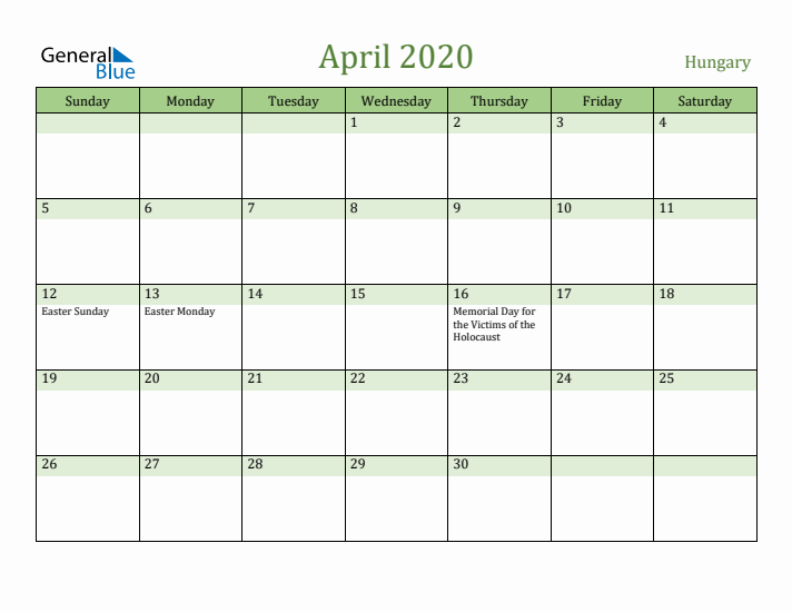 April 2020 Calendar with Hungary Holidays