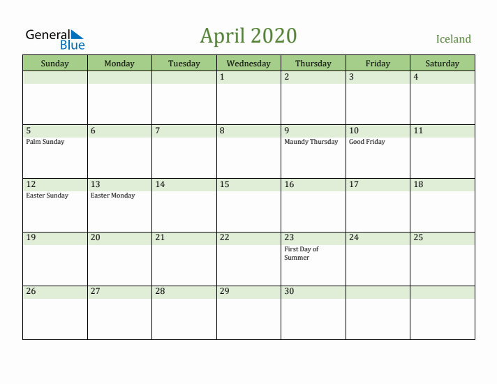 April 2020 Calendar with Iceland Holidays