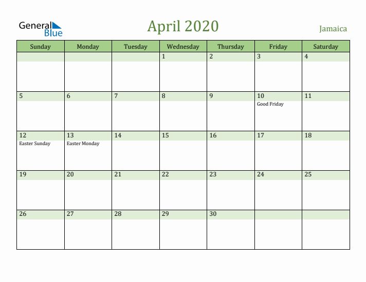 April 2020 Calendar with Jamaica Holidays