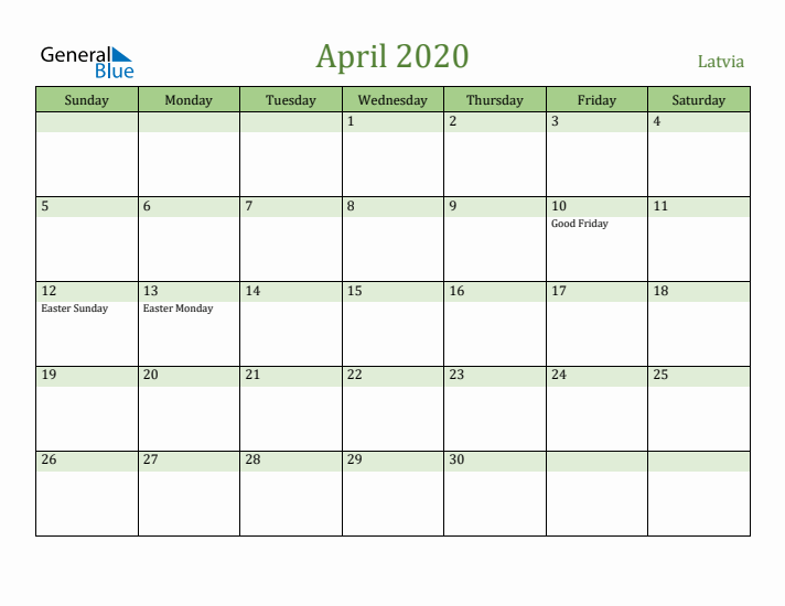 April 2020 Calendar with Latvia Holidays