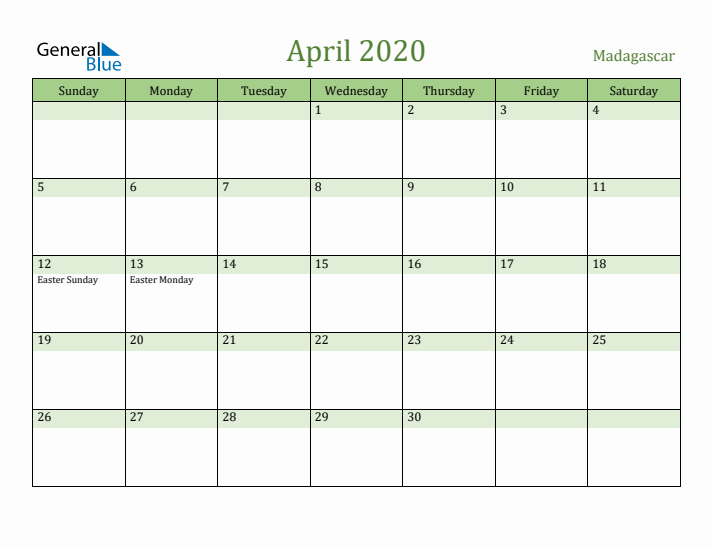 April 2020 Calendar with Madagascar Holidays