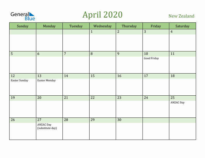 April 2020 Calendar with New Zealand Holidays