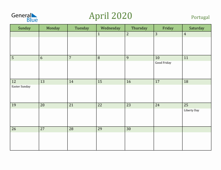 April 2020 Calendar with Portugal Holidays