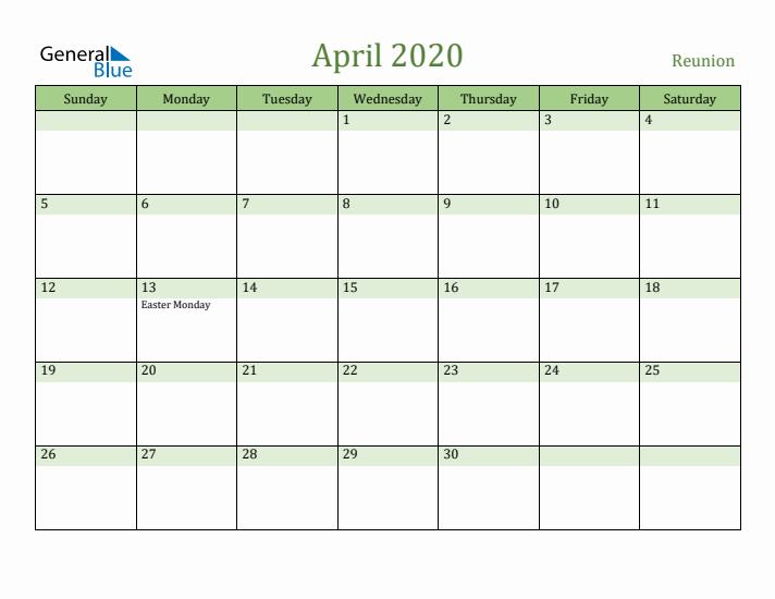 April 2020 Calendar with Reunion Holidays