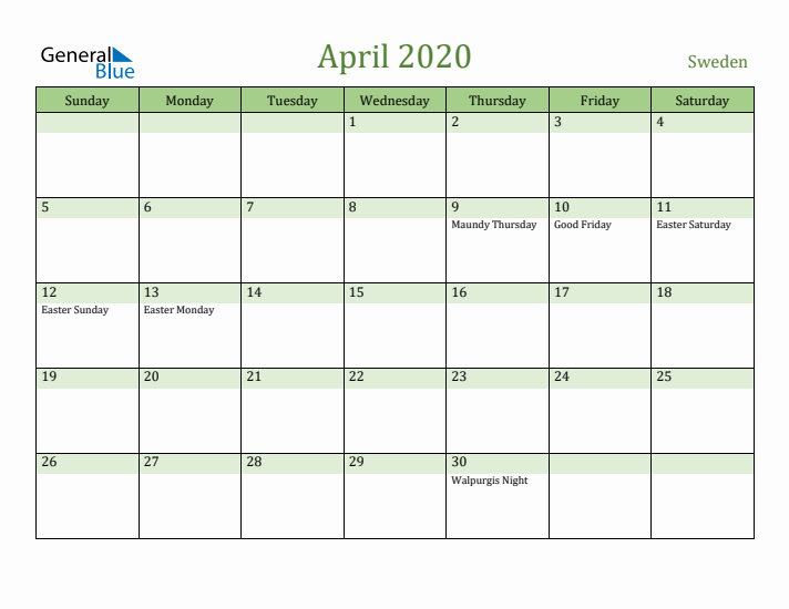 April 2020 Calendar with Sweden Holidays