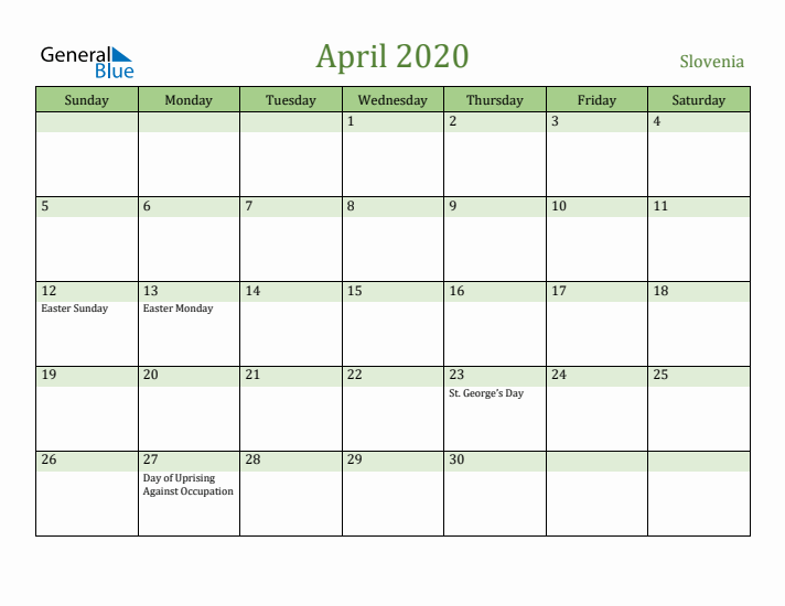 April 2020 Calendar with Slovenia Holidays