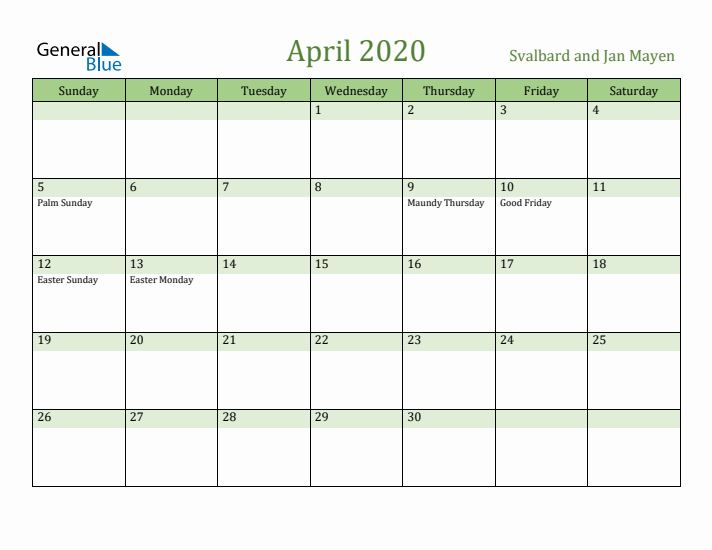 April 2020 Calendar with Svalbard and Jan Mayen Holidays