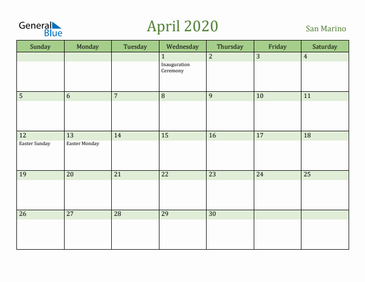 April 2020 Calendar with San Marino Holidays