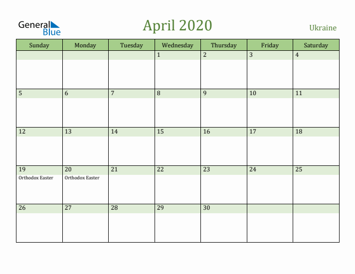 April 2020 Calendar with Ukraine Holidays