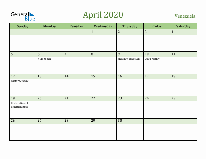 April 2020 Calendar with Venezuela Holidays