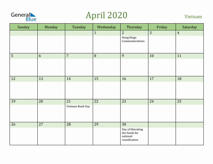 April 2020 Calendar with Vietnam Holidays