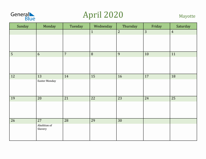 April 2020 Calendar with Mayotte Holidays