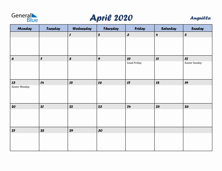 April 2020 Calendar with Holidays in Anguilla