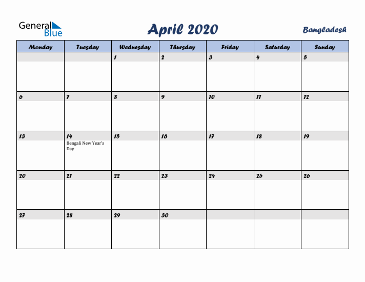 April 2020 Calendar with Holidays in Bangladesh