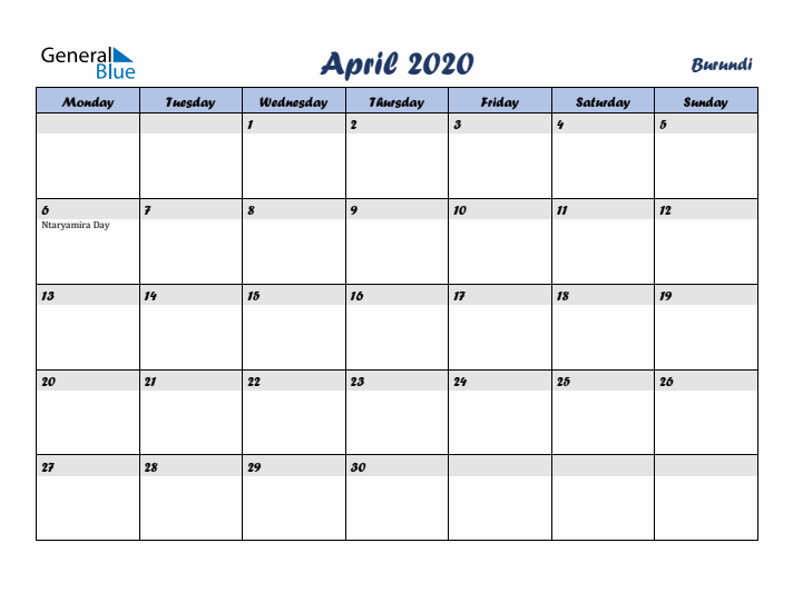 April 2020 Calendar with Holidays in Burundi