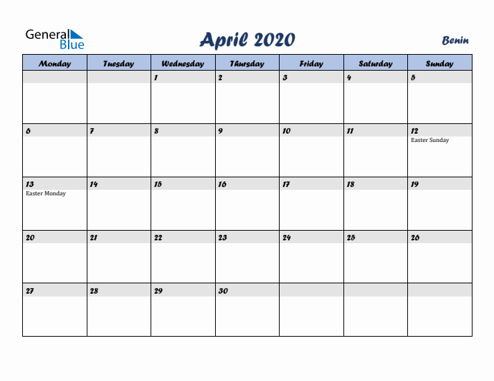 April 2020 Calendar with Holidays in Benin