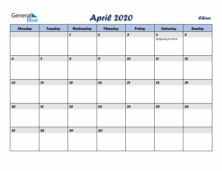 April 2020 Calendar with Holidays in China