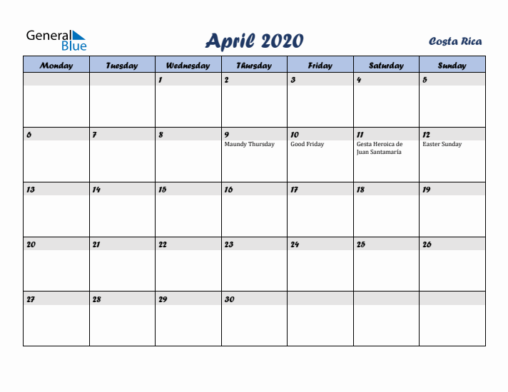 April 2020 Calendar with Holidays in Costa Rica