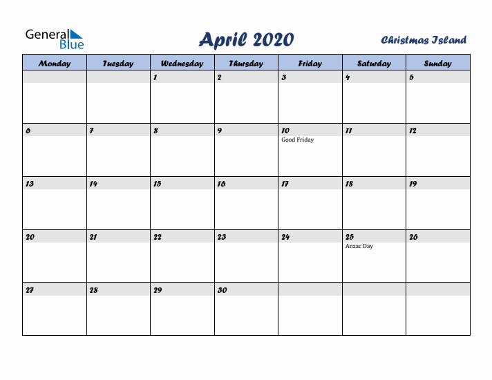 April 2020 Calendar with Holidays in Christmas Island