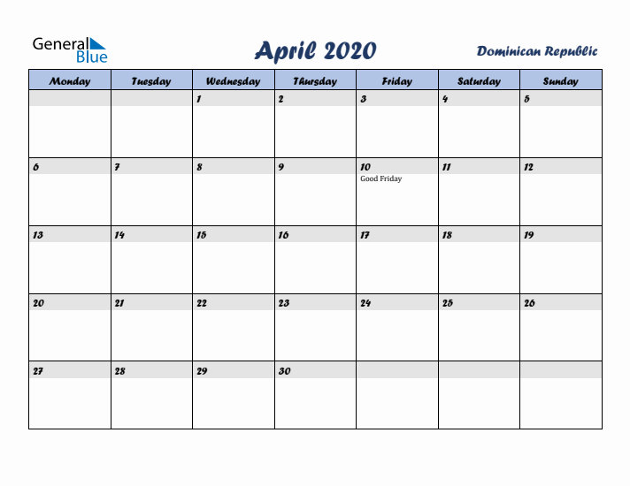 April 2020 Calendar with Holidays in Dominican Republic