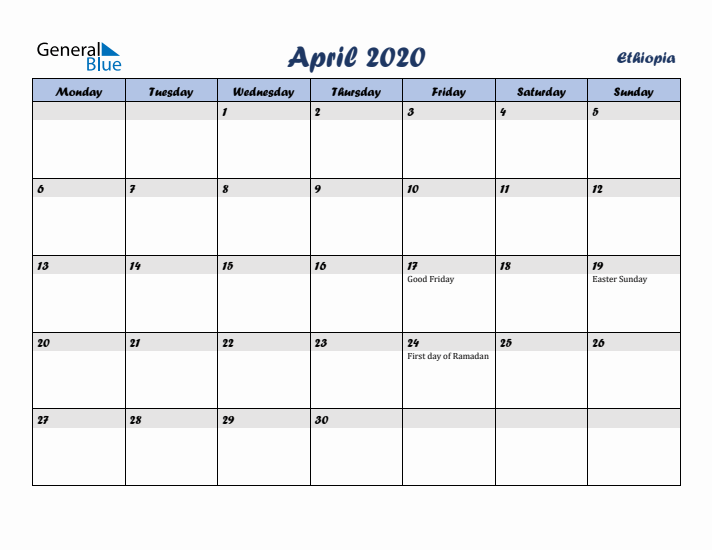 April 2020 Calendar with Holidays in Ethiopia