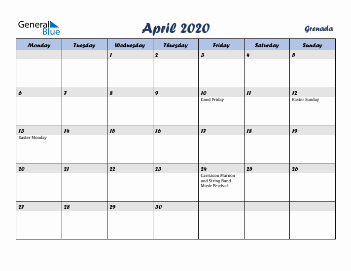 April 2020 Calendar with Holidays in Grenada