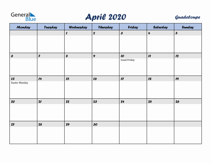 April 2020 Calendar with Holidays in Guadeloupe