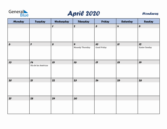 April 2020 Calendar with Holidays in Honduras