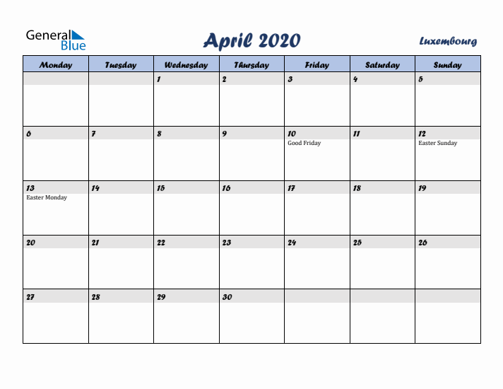 April 2020 Calendar with Holidays in Luxembourg