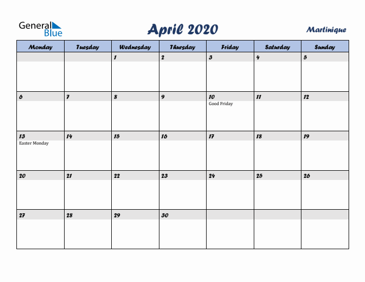 April 2020 Calendar with Holidays in Martinique