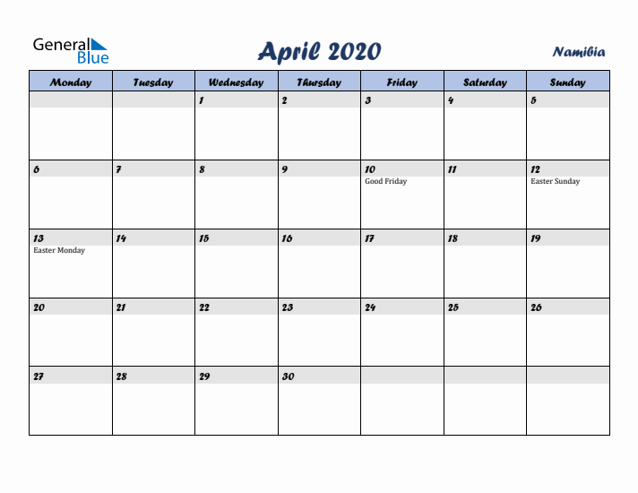 April 2020 Calendar with Holidays in Namibia