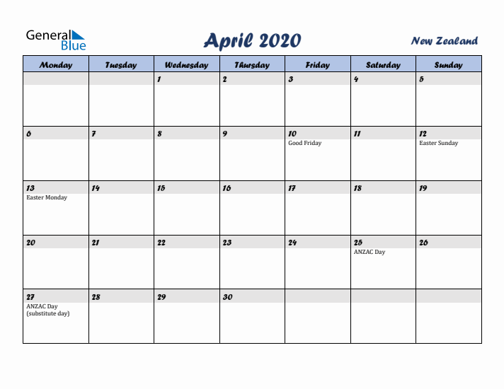 April 2020 Calendar with Holidays in New Zealand