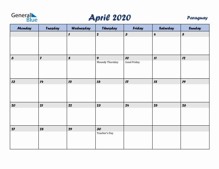 April 2020 Calendar with Holidays in Paraguay