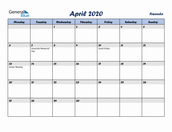 April 2020 Calendar with Holidays in Rwanda