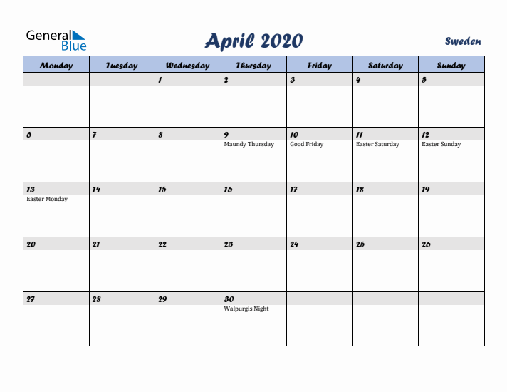 April 2020 Calendar with Holidays in Sweden