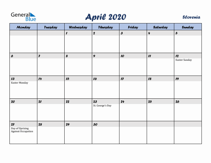 April 2020 Calendar with Holidays in Slovenia