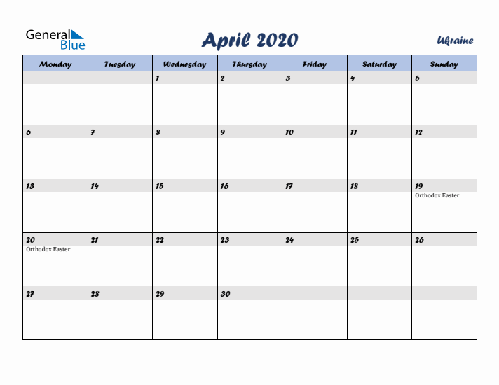 April 2020 Calendar with Holidays in Ukraine