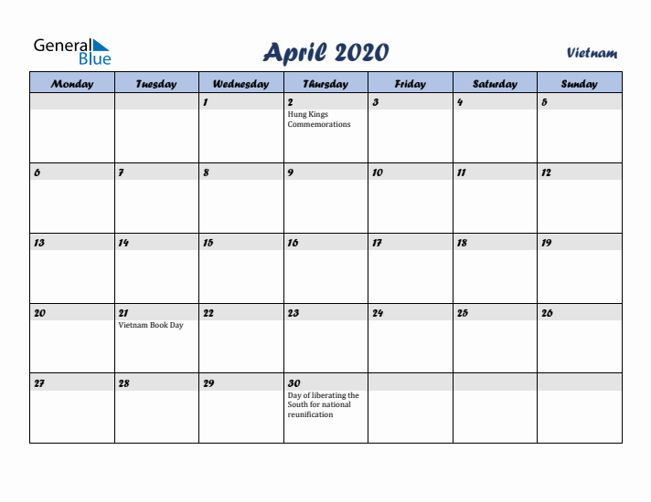 April 2020 Calendar with Holidays in Vietnam