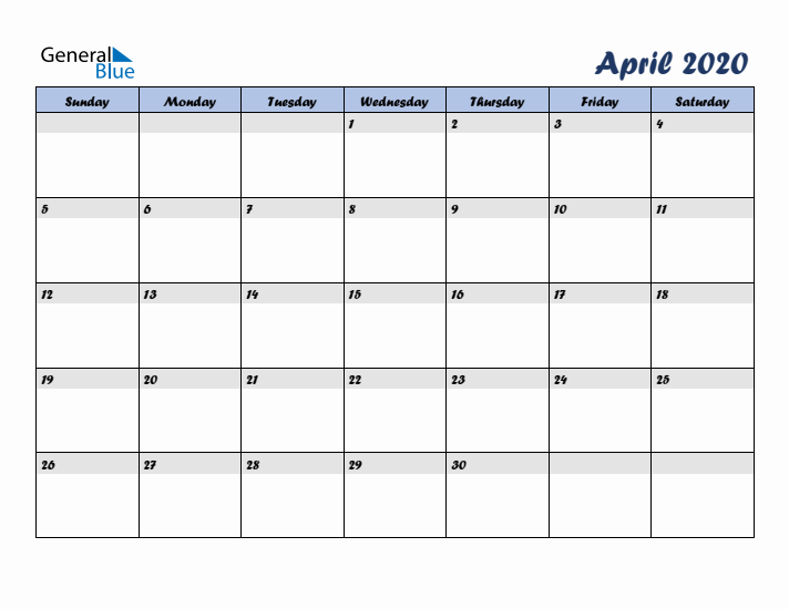 April 2020 Blue Calendar (Sunday Start)